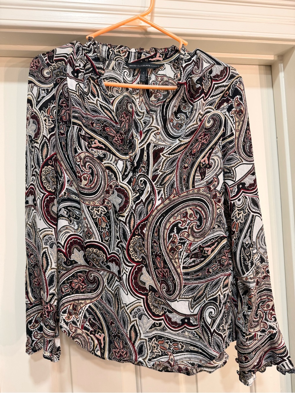White House Black Market Paisley Tie-Neck Blouse - Black, Cream & Burgundy